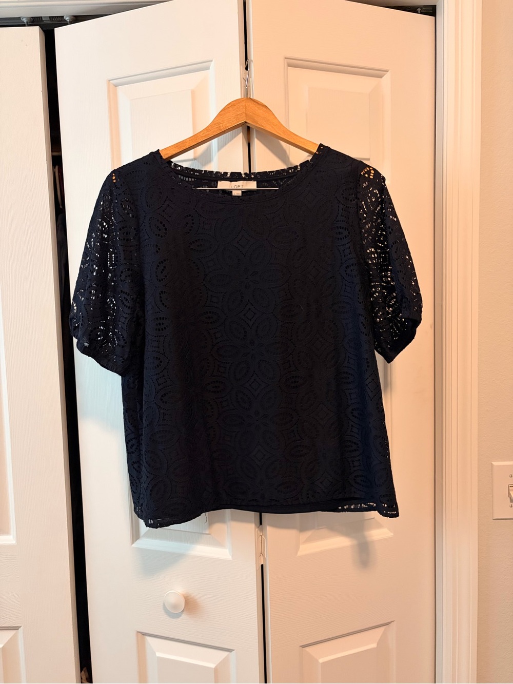 LOFT Black Eyelet Lace Blouse - Scalloped Crewneck